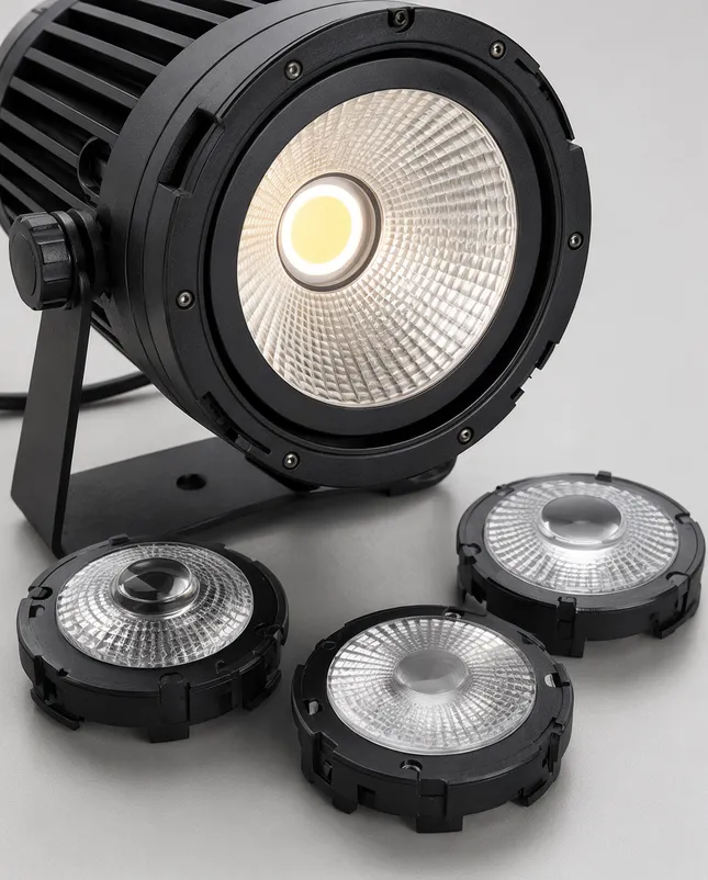 Close-up of warm white COB LED spotlight lens showing interchangeable beam angle optics