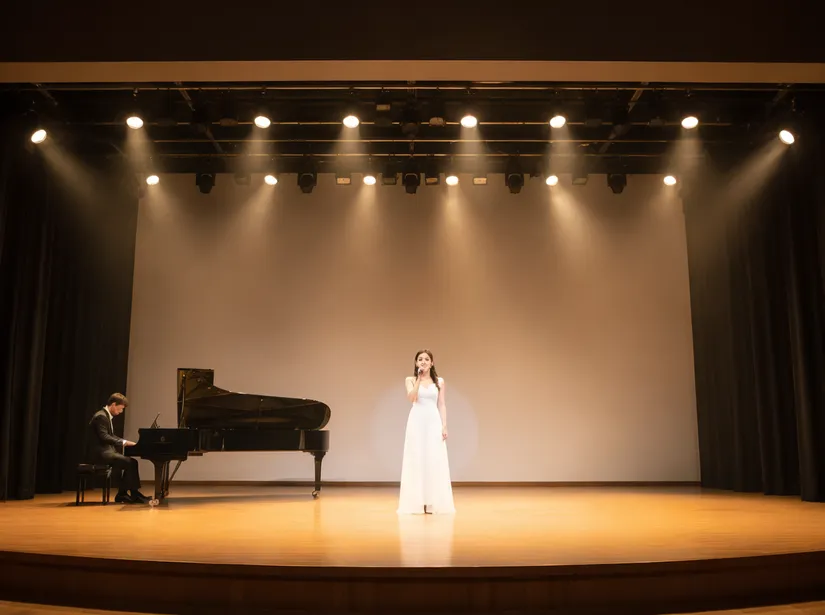 Warm white spotlight illuminating theatre stage with flattering skin tones
