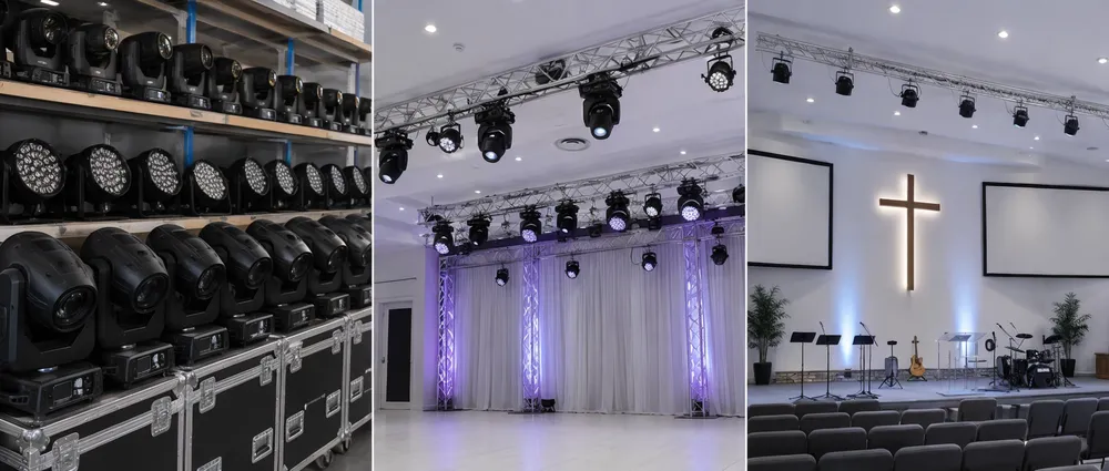 Wedding stage lighting deployment across event rental warehouse, venue installation, and church sanctuary applications