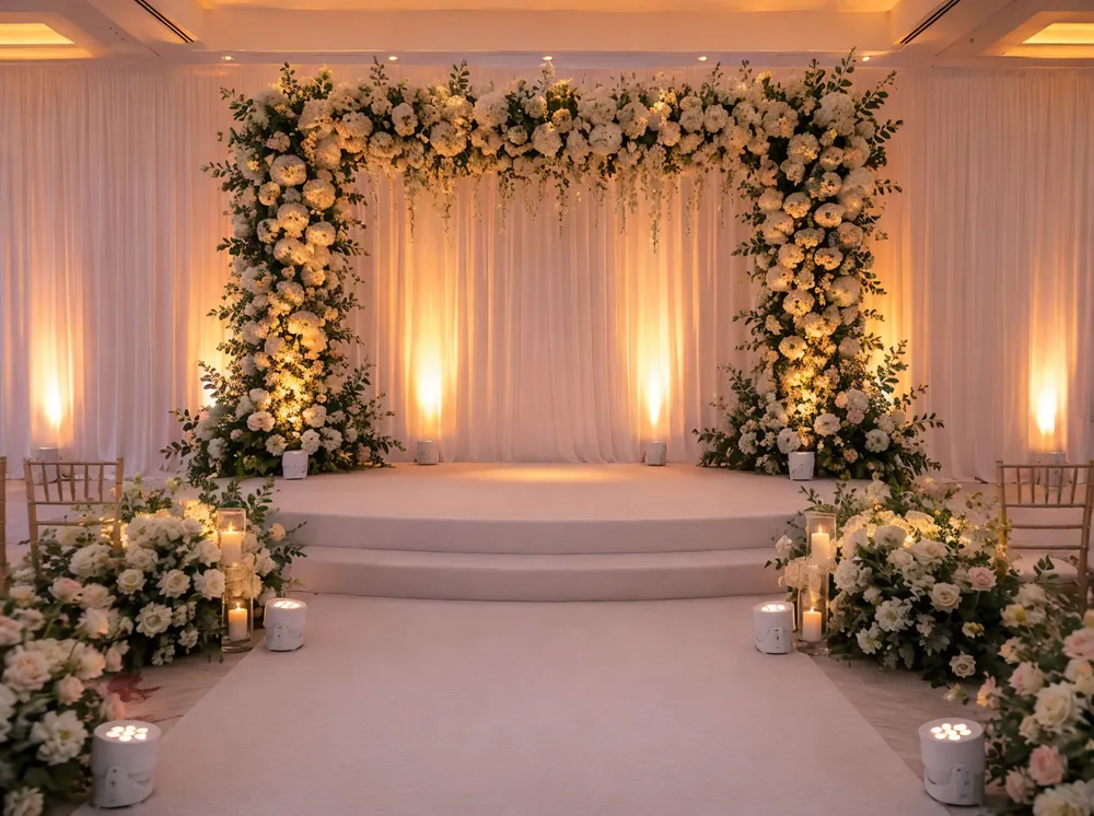 Battery-powered LED uplights deployed in a wedding ceremony venue with warm amber wash