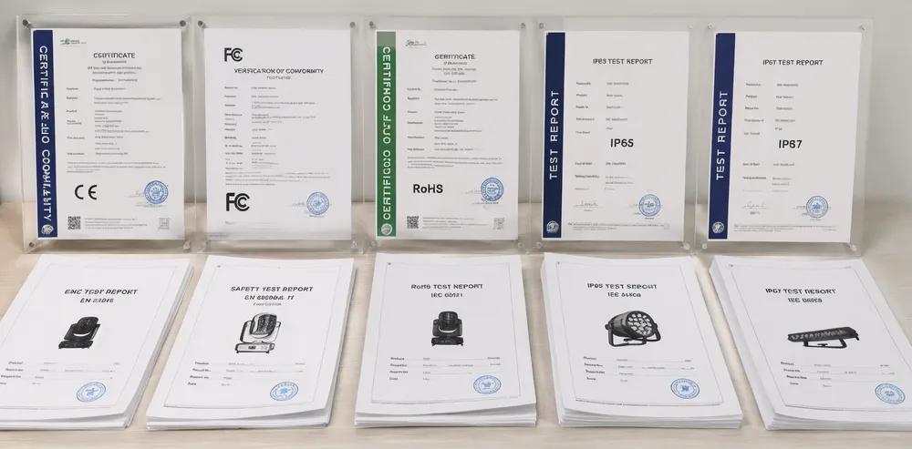 Compliance certificates and test reports arranged for wedding stage lighting imports including CE, FCC, RoHS, and IP rating documentation