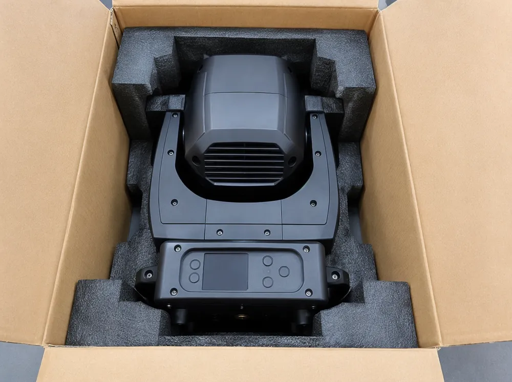 Custom molded-foam insert packaging for wedding lighting fixtures showing yoke mount cradle points