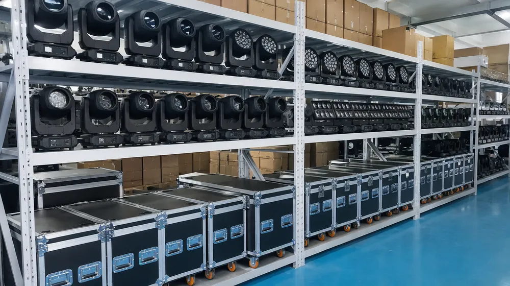 Branded wedding lighting product line on distributor warehouse shelving with OEM packaging