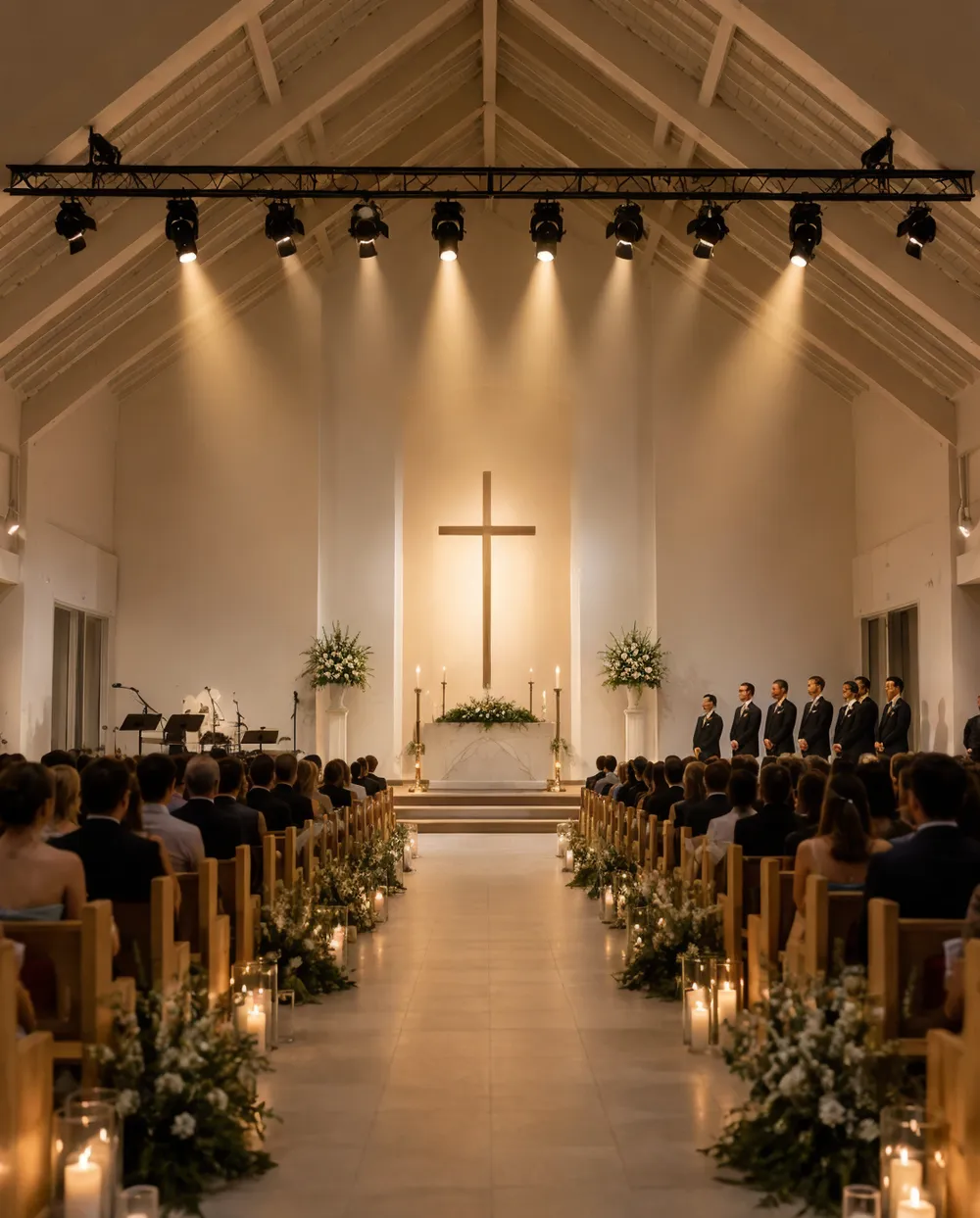 Wedding church stage lighting illuminating a 200-seat sanctuary from front truss position with warm amber ceremony tones