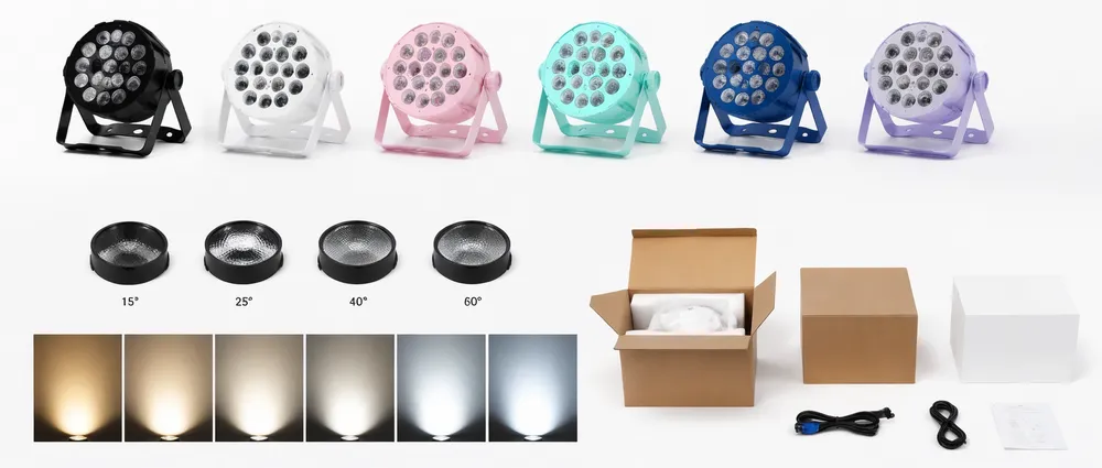 Wedding lighting fixture customization options including housing color, beam angle lenses, and branded packaging