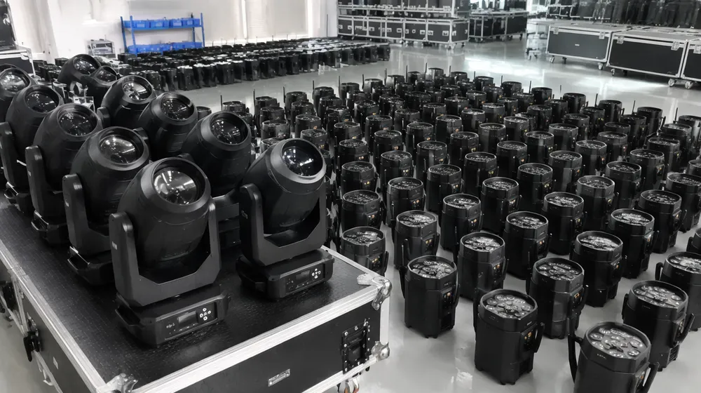 Event rental fleet of wireless uplights and moving heads staged for wedding lighting deployment
