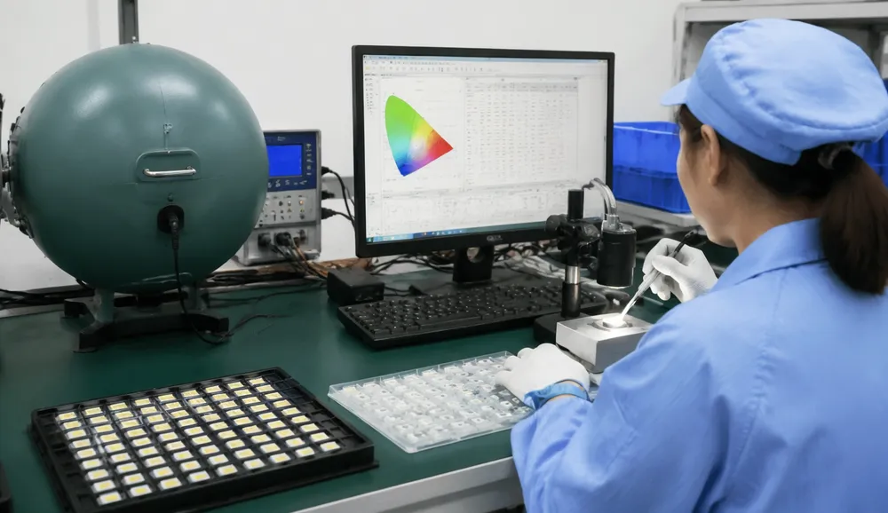 LED binning and quality control process at GDMonkey manufacturing facility showing color temperature verification