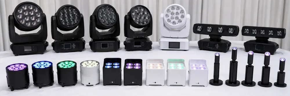 Full range of GDMonkey wedding stage lighting fixtures including LED wash uplights, wireless PARs, pin spots, and compact moving heads