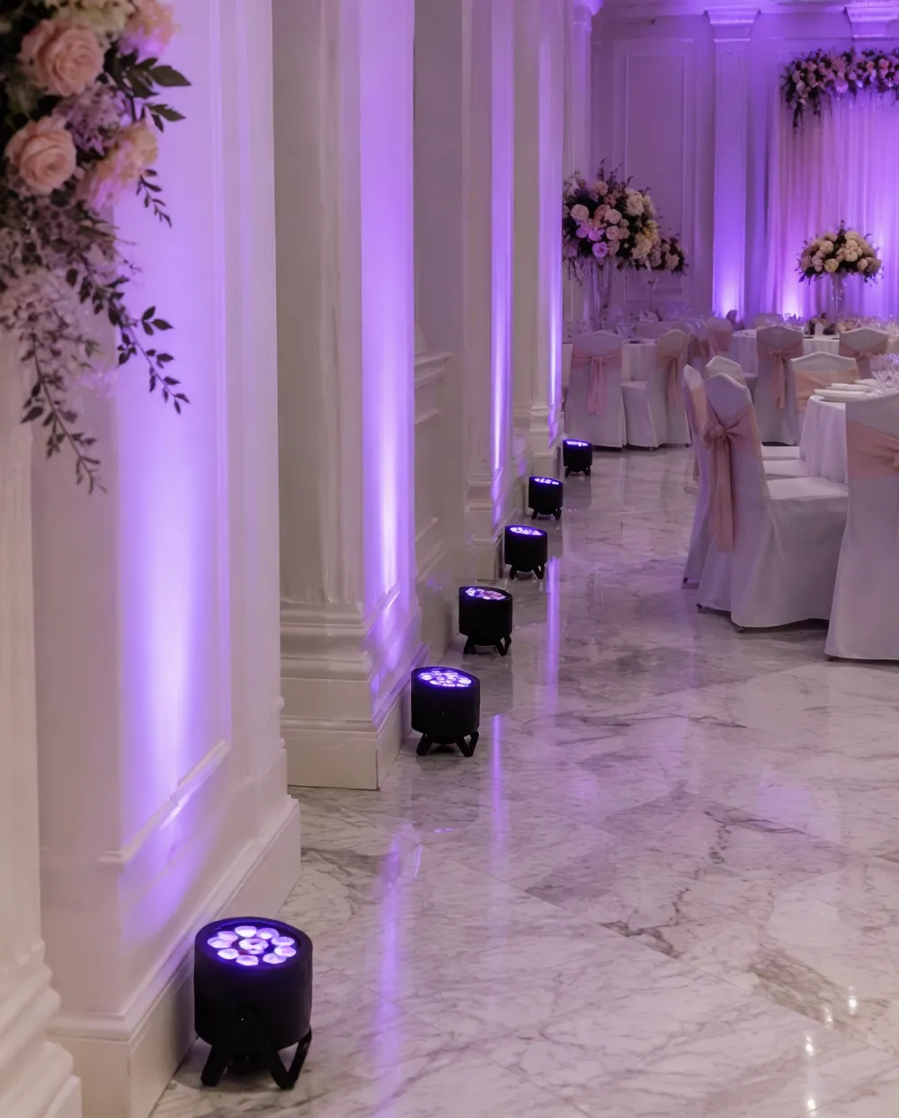 Battery wireless PAR fixture showing cable-free deployment at wedding venue uplight setup